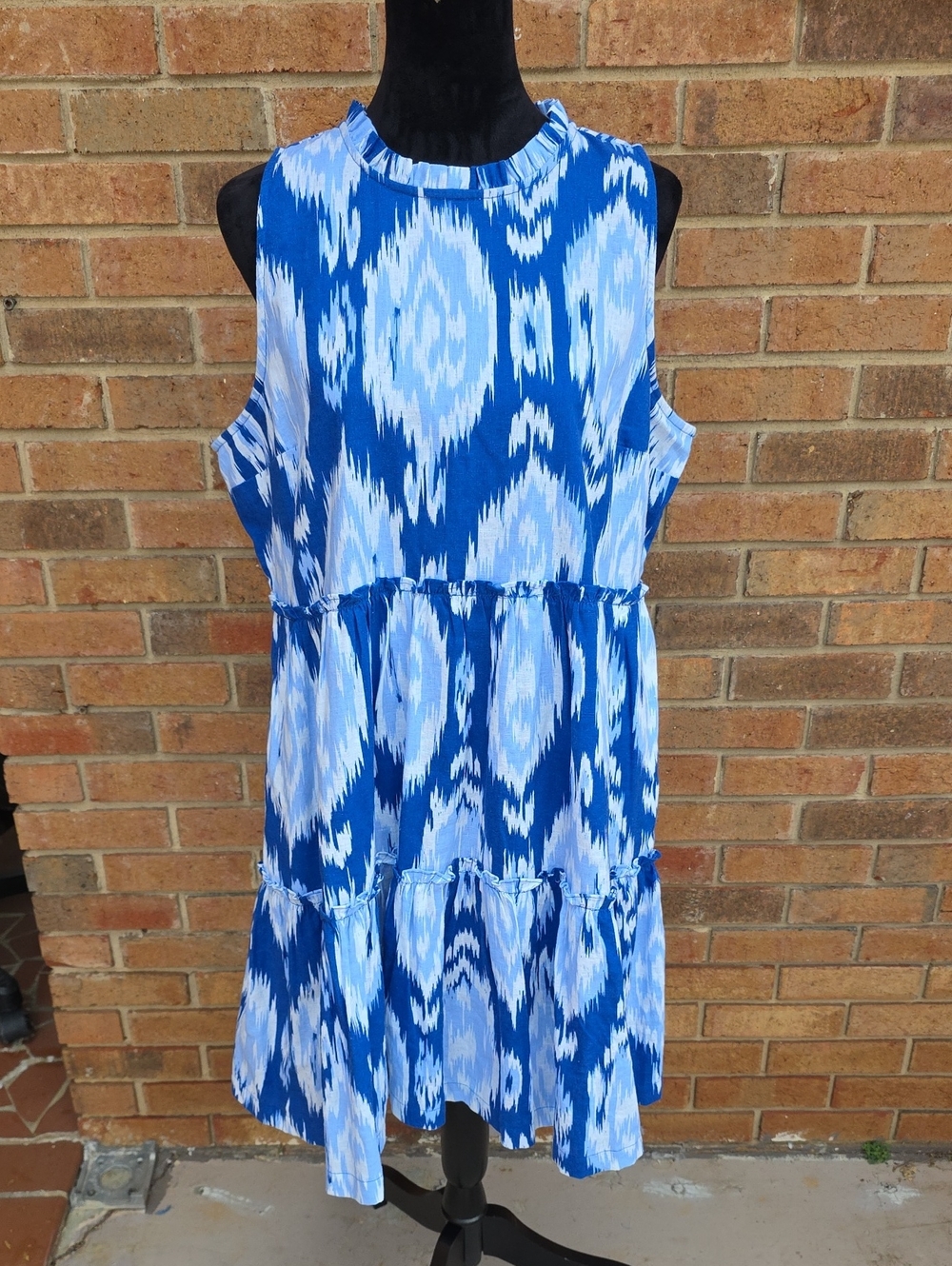 Crown & Ivy Blue Ikat Print Linen-Cotton Blend Tiered Dress Size XL